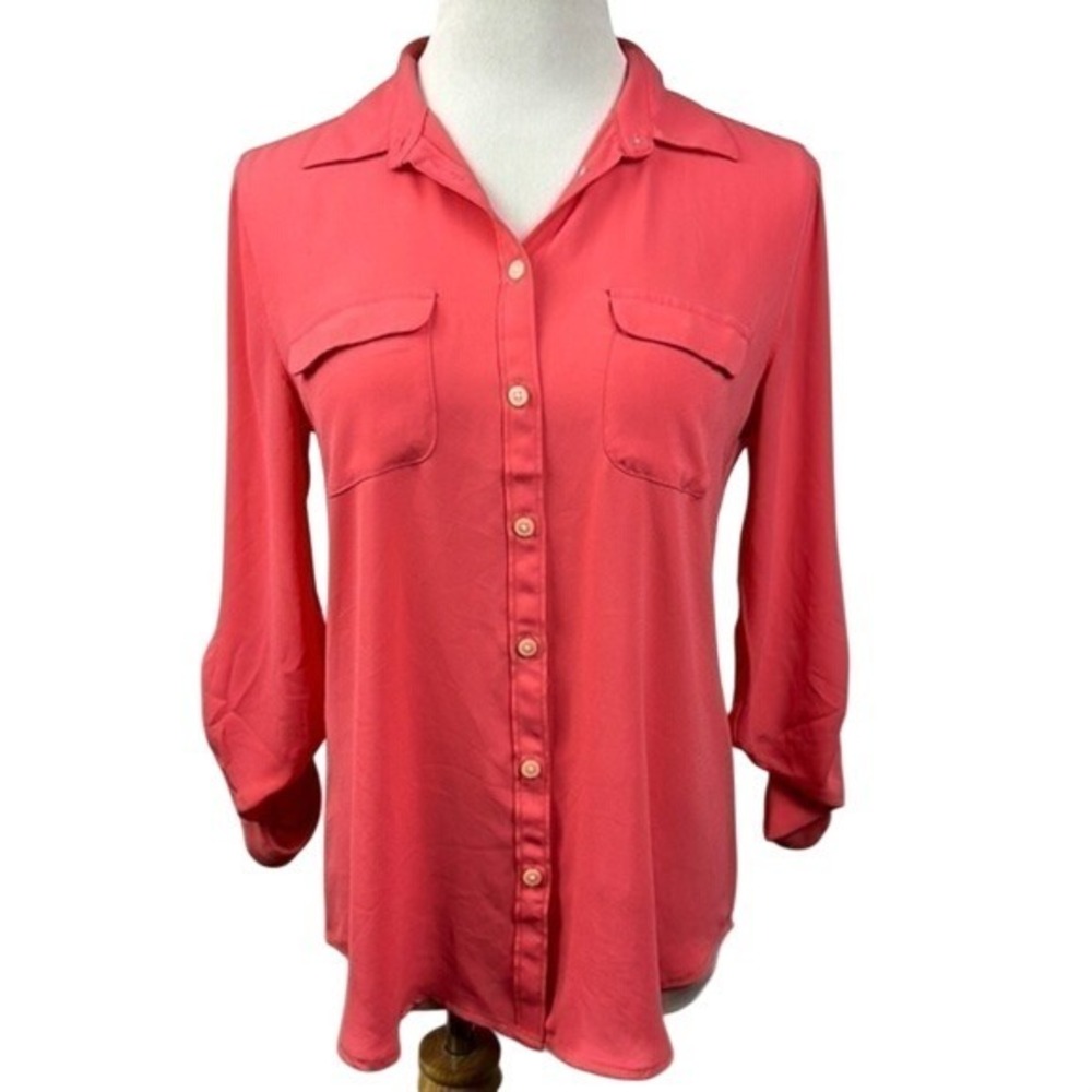 LOFT Coral Pink Button Down Utility Blouse Roll‎ Tab Long Sleeve Small